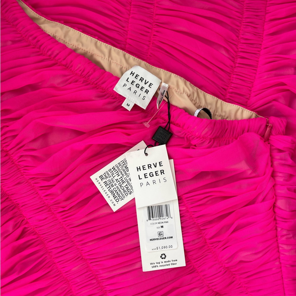 💞NWT HERVE LEGER one-shoulder draped jersey mini dress in neon Pink, size M